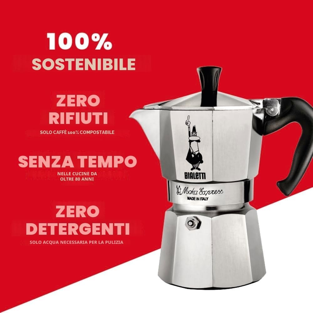 Bialetti Moka Express Stovetop Espresso Maker 2 Cups 90 ml – Aluminium Coffee Pot with Heat-Resistant Handle, Not Compatible with Induction Cooktops, Energy Class A+