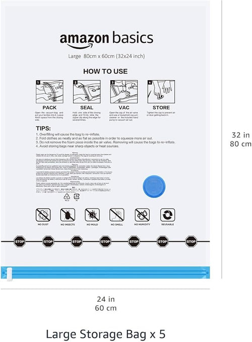 Amazon Basics Vacuum Storage Bags with Hand Pump – Large Size, 5-Pack, Clear – Airtight Zipper Seal for Space-Saving Storage