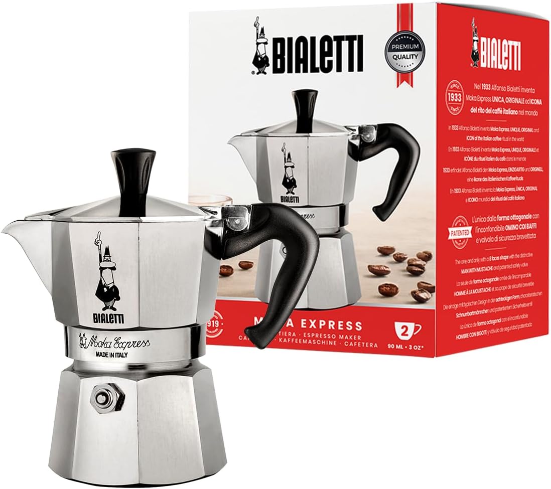 Bialetti Moka Express Stovetop Espresso Maker 2 Cups 90 ml – Aluminium Coffee Pot with Heat-Resistant Handle, Not Compatible with Induction Cooktops, Energy Class A+