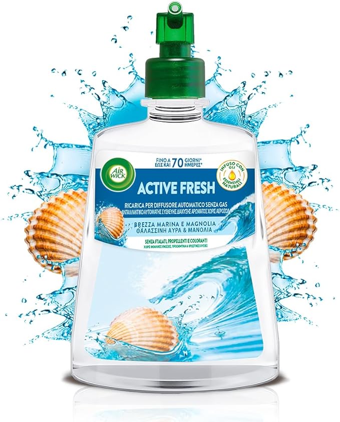 Airwick Active Fresh Deodorante per Ambiente, Ricarica Spray Diffusore Automatico Senza Gas con Fragranza Brezza Marina e Magnolia, 237 ml (Confezione da 1)