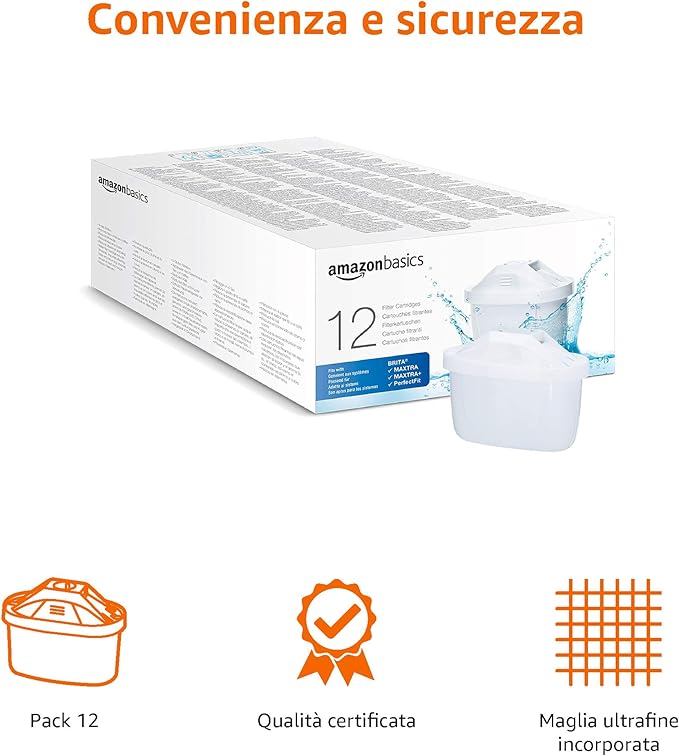 Amazon Basics Replacement Water Filter Cartridges – 12 Pack – Compatible with BRITA Pitchers (Including PerfectFit) and Amazon Basics Jugs