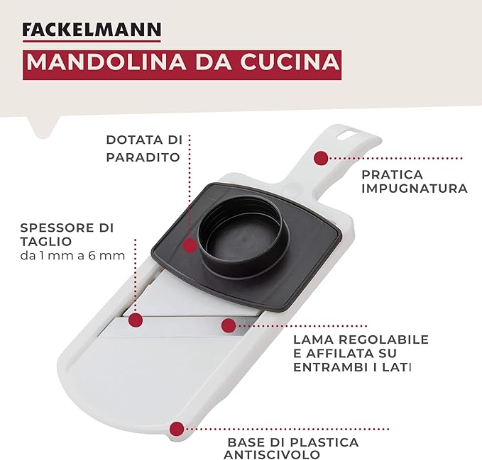 Fackelmann Affettaverdure Mandolina, Lama in Acciaio Inox Regolabile, Dotata di Protezione per le Mani, Permette di Fare Fette Spesse da 1 a 6 mm, Dimensioni 32 x 12 x 3,5 cm