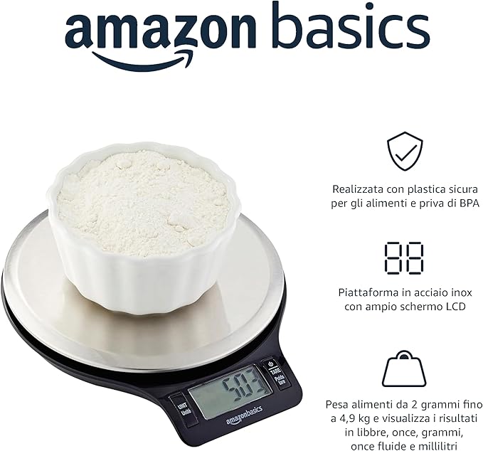 Bilancia Digitale da Cucina Amazon Basics con Display LCD, Senza BPA (Batterie Incluse), Capacità Fino a 5 kg, Nero e Acciaio Inox