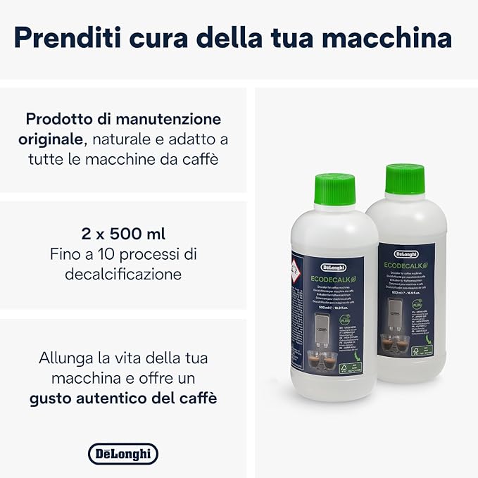 De'Longhi EcoDecalk DLSC502 Soluzione Decalcificante per Macchine da Caffè e Macchine da Caffè Automatiche, Soluzione Universale per 10 Cicli di Decalcificazione, 2 x 500 ml