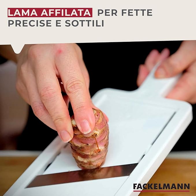 Fackelmann Affettaverdure Mandolina, Lama in Acciaio Inox Regolabile, Dotata di Protezione per le Mani, Permette di Fare Fette Spesse da 1 a 6 mm, Dimensioni 32 x 12 x 3,5 cm