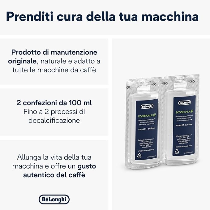 De'Longhi EcoDecalk DLSC200 Mini Decalcificante – 2 Dosi per la Manutenzione della Macchina da Caffè – Formula con Ingredienti di Origine Vegetale.
