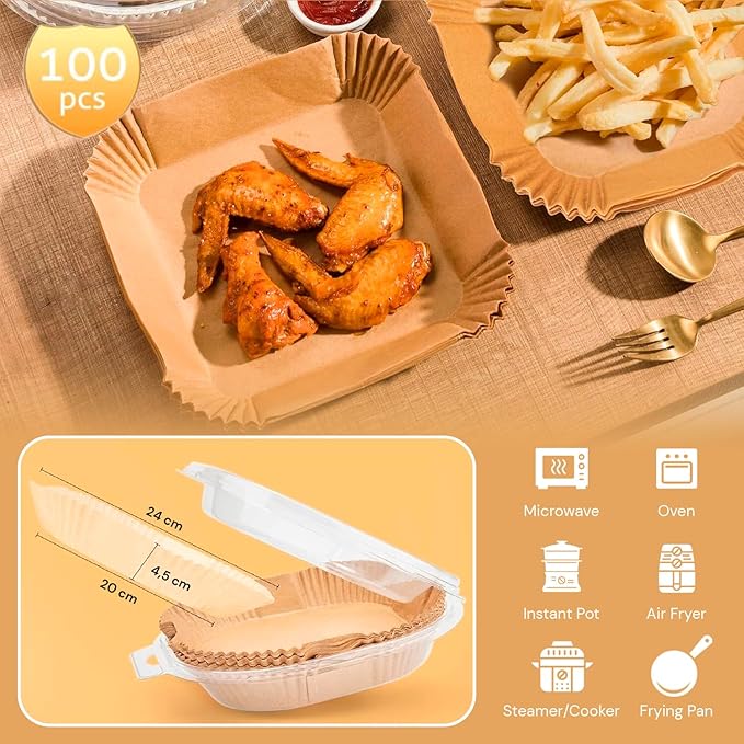 edihome Carta Forno Monouso per Friggitrice ad Aria – Senza BPA, Resistente al Calore, Compatibile con Friggitrici ad Aria da 5–8L (Quadrata 20–24 cm)