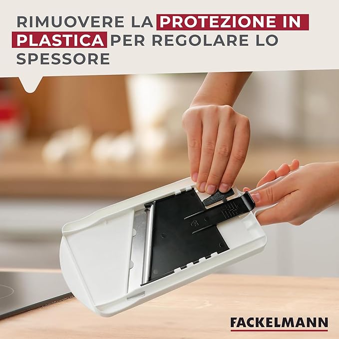 Fackelmann Affettaverdure Mandolina, Lama in Acciaio Inox Regolabile, Dotata di Protezione per le Mani, Permette di Fare Fette Spesse da 1 a 6 mm, Dimensioni 32 x 12 x 3,5 cm