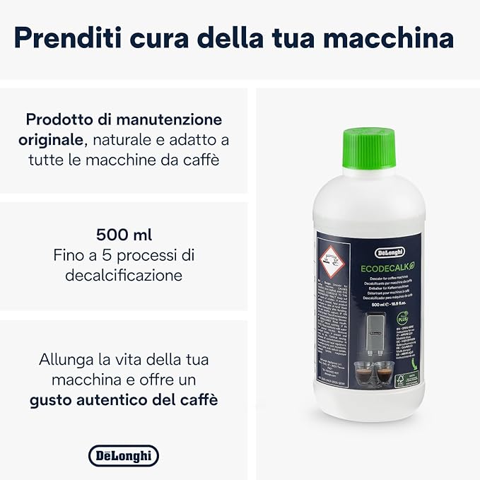 De'Longhi EcoDecalk DLSC500 Coffee Machine Descaler – 500 ml Bottle (5 Doses) – Plant-Based Formula for Effective Machine Maintenance