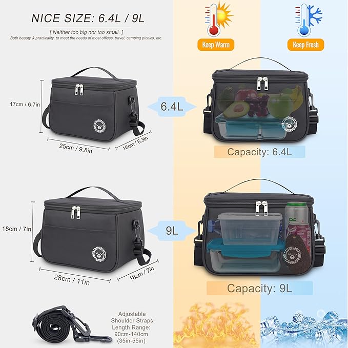 Borsa Termica da 6.4L, Borsa Termica Porta Pranzo, Borsa Frigo, Per Ufficio, Viaggio, Picnic, Portatile (Nera - 6.4L)