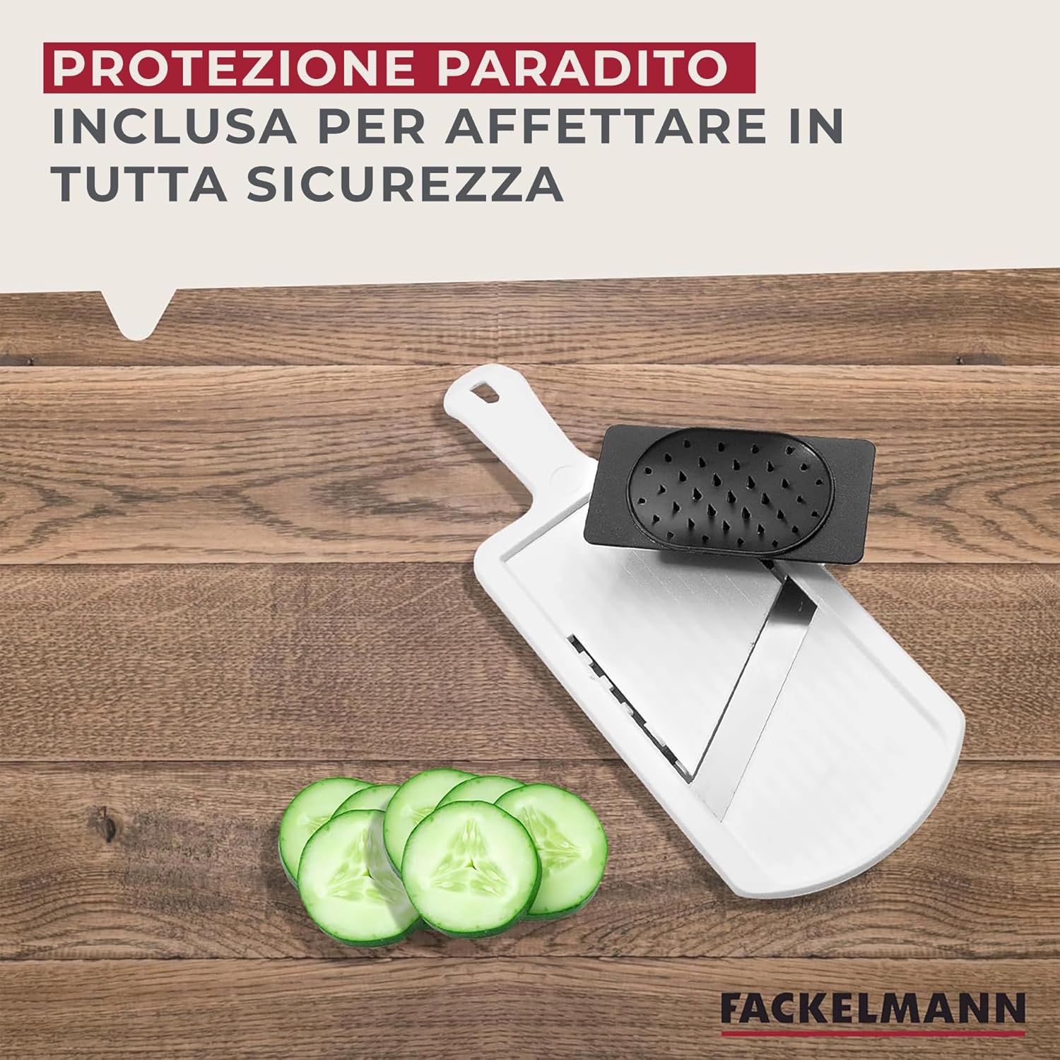 Fackelmann Affettaverdure Mandolina, Lama in Acciaio Inox Regolabile, Dotata di Protezione per le Mani, Permette di Fare Fette Spesse da 1 a 6 mm, Dimensioni 32 x 12 x 3,5 cm