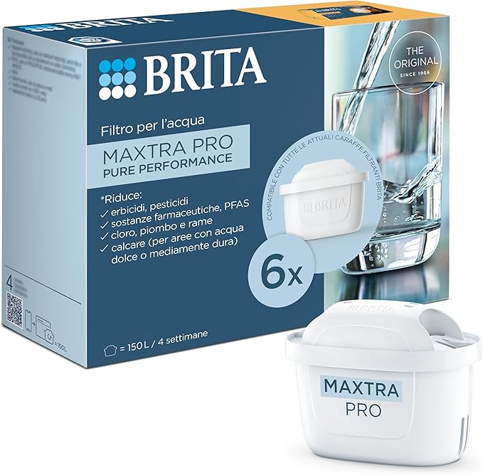 BRITA MAXTRA PRO Filtro Acqua All-in-1, 6 Pezzi – Riduzione di Cloro, Calcare, Metalli e PFAS, Compatibile con Caraffe BRITA