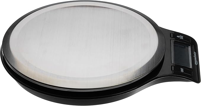 Bilancia Digitale da Cucina Amazon Basics con Display LCD, Senza BPA (Batterie Incluse), Capacità Fino a 5 kg, Nero e Acciaio Inox