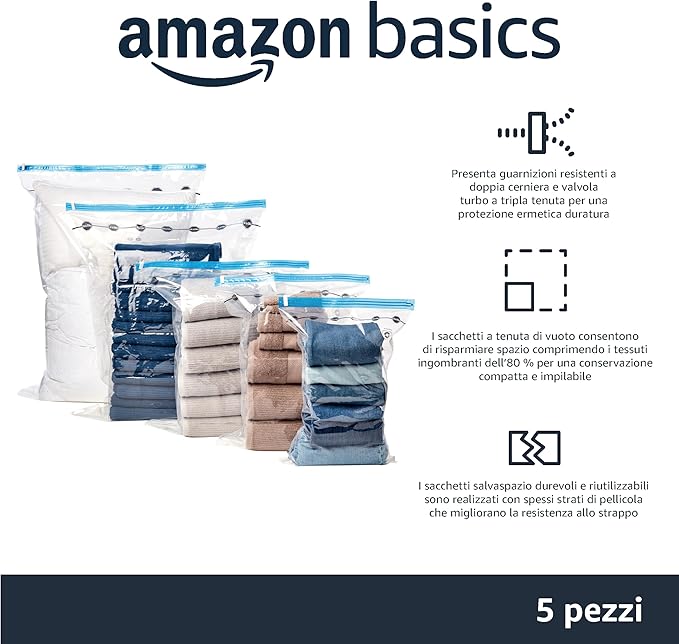 Amazon Basics Vacuum Storage Bags with Hand Pump – Large Size, 5-Pack, Clear – Airtight Zipper Seal for Space-Saving Storage