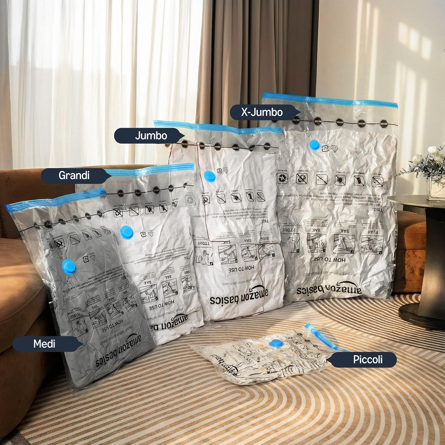 Amazon Basics Vacuum Storage Bags with Hand Pump – Large Size, 5-Pack, Clear – Airtight Zipper Seal for Space-Saving Storage